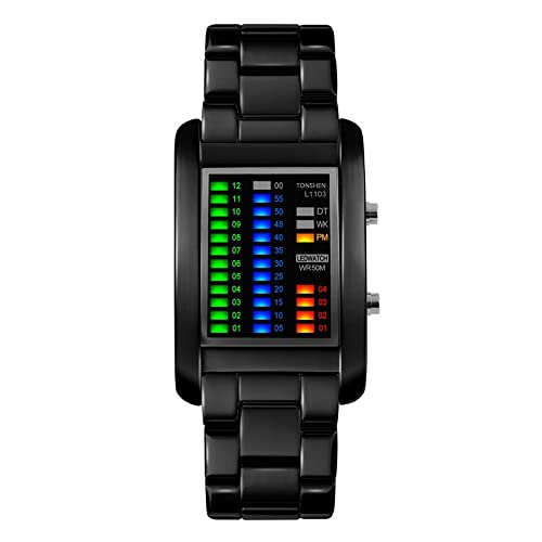 Sport Digital Binäre Uhr 50M Wasserdicht Einzigartige Design Cool Uhren Rechteck Lünette Edelstahl Armbanduhr 4 Farbe LED Licht Kalender Woche Mode Creative Kleidung Uhren für Herren Damen (Schwarz)