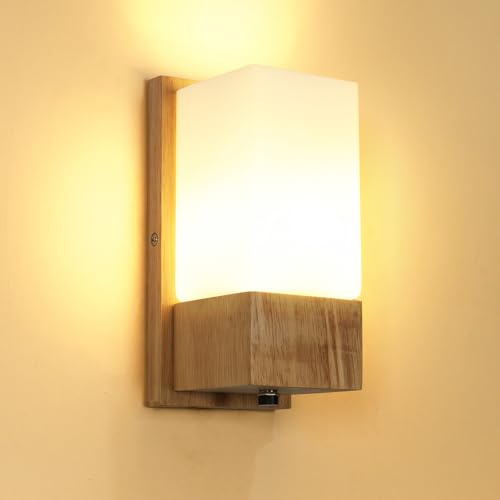 Pheashine Applique Murale en Bois, Moderne E27 Lampe Murale Style Nordique, Applique Murale Abat-jour en Verre pour Chambre, Couloir, Salon