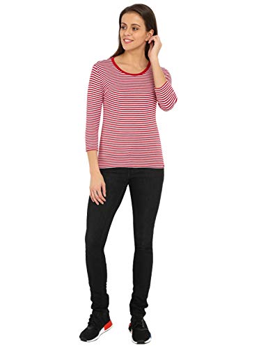 Image of Jockey 1360 Women's Super Combed Cotton Elastane Stretch Slim Fit Striped Round Neck Three Quarter Sleeve T-Shirt