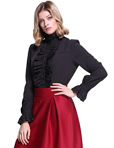 PrettyGuide Women's Victorian Blouse Retro Stand-Up Collar Lotus Ruffle Long Sleeve Gothic Shirt Tops4