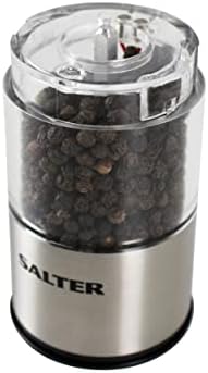 Salter 7522 SSTUR15 Stainless Steel Electric Salt & Pepper Mills, Clear Acrylic Body, Adjustable Grind, One Touch, Built in Light, for Spices, Seasonings, Removable Base Cap, Twist Lock Base