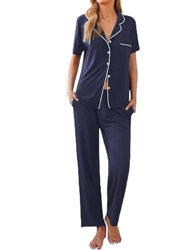 Ekouaer Women Pajamas Set Button Down Sleepwear Short Sleeve Nightwear with Long Pants Soft Pjs Set S-XXL