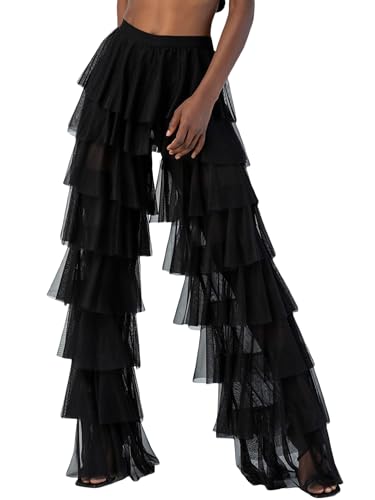Women Layered Ruffle Tulle Pants High Waist Wide Leg Long Trousers Sheer Mesh Tiered Party Pants