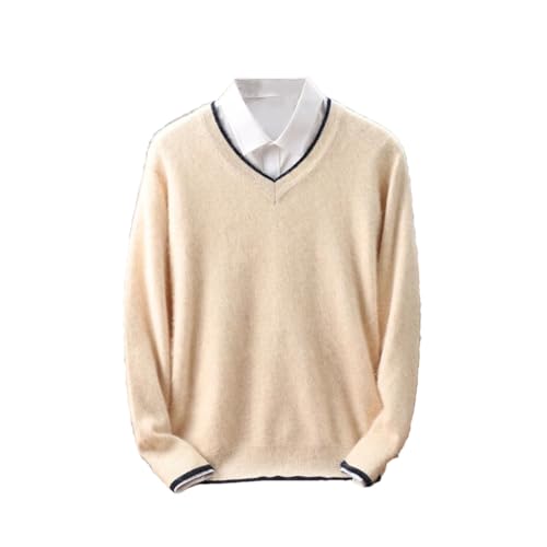 Men's Sweater Cashmere V-Neck Knitted Pullover Tops Casual Warm Thick Dress Sweater Beige M
