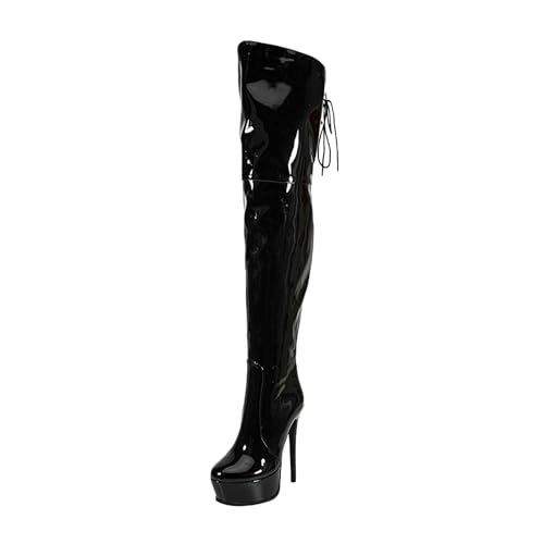 Image of Shiny leather Thigh high boots for Women Stiletto heel Platform Over the knee Round toe back zipper Sexy Front Strappy high heel Cosplay Custume unisex boots
