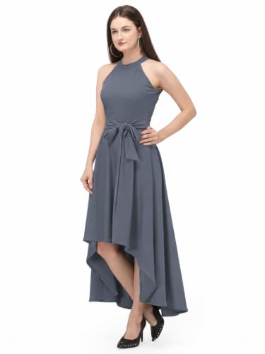 Image of Women Fit & Flare High Low Midi Dress | Sleeveless Round Neck One Piece Dress with Waist Tie Detail | Flowy Western Dress for Party and Casual Styling