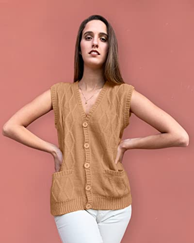 Tinkuy Peru Women’s Button-Up Cardigan, Authentic Peruvian Alpaca Wool V Neck Knitted Argyle Sweater Vest (Camel, Large) #TOP1