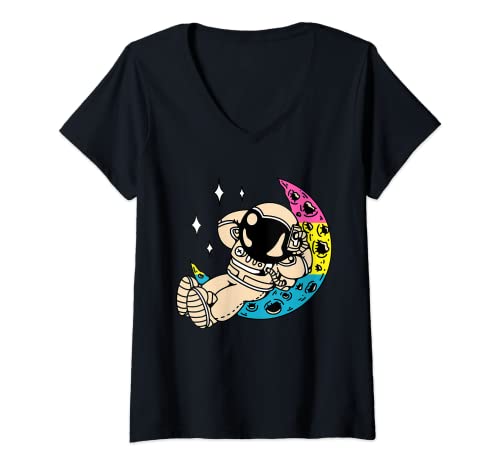 Donna Astronauta pansessuale LGBT-Q Space-man Moon Pan Pride Bandiera Maglietta con Collo a V