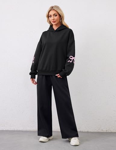 OLAPTA Women 2 Piece Outfits Bow Print Long Sleeve Hoodies Sets Graphic Sweatshirts Baggy Wide Leg Sweatpants Fall Sweatsuits2