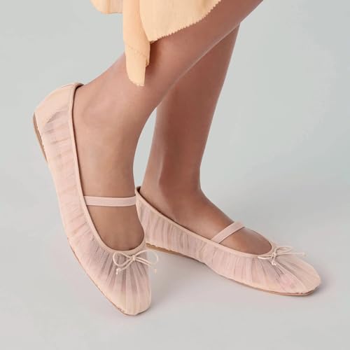 Women's Mesh Ballet Flats with Bow Mary Jane Ballet Flats Shoes for Women Square Toe Comfortable Slip On Tulle Ballerina Flats2