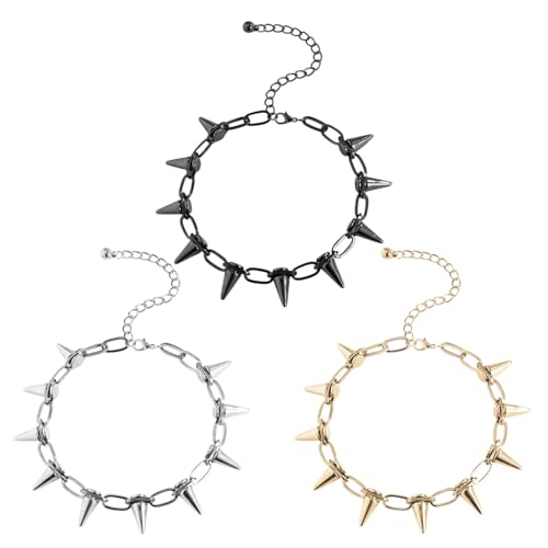 SAIIURV 3 Piezas Collar Punk con Remaches, Accesorios Roca para Mujeres Hombres y Niñas, Gótico de Collar De Moda, Regalo de San Valentín, Dorado/Plateado/Negro (3PCS)