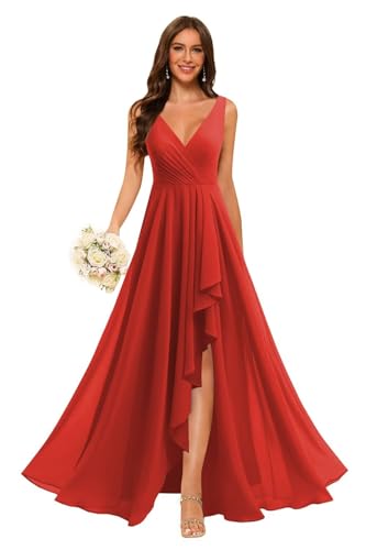 Image of Loyeloy Women's V Neck Bridesmaid Dresses with Slit 2025 Chiffon A-line Formal Evening Gowns with Pockets YJ212
