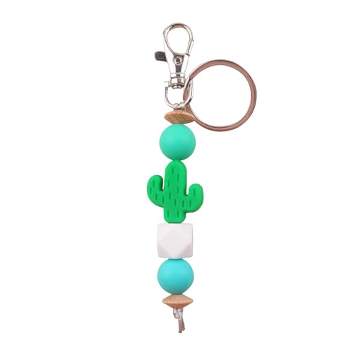 Jesemiah Cute Keychain for Women Cactus Elastic Silicone Beaded Key Ring for Car Keys Purses Charm Bag Pendant Decoration Key Chain Key Holder (Green Cactus)