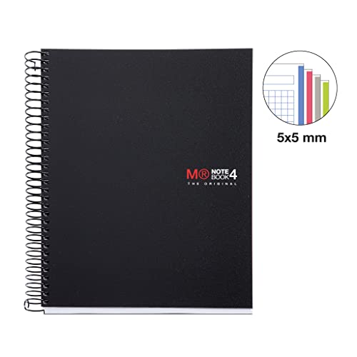 Image of Miquelrius - Micro-Perforated Spiral Notebook, Opaque Polypropylene Cover, A5 Size 148 x 210 mm, 2 Drills, 140 Sheets of 70 g /m and 4 Coloured Strips, 5 mm Squares, Colour Black