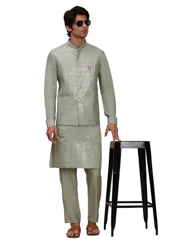 Men's Cuffed Sleeves Cotton Kurta and Trouser Set with Embroidered Waistcoat (Nehru Jacket) (C-121)