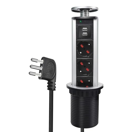 Regleta de escritorio retráctil con 2 USB, 2,1 A, 3 tomas, 10/16 A, torre de mesa, columna con protección, enchufe 16 A