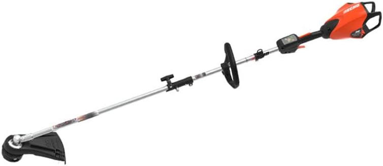 Diagram of Echo 56V PAS Trimmer highlighting features like tool-less coupler, Speed-Feed 400 cutting head, and MAXOUT Technology.