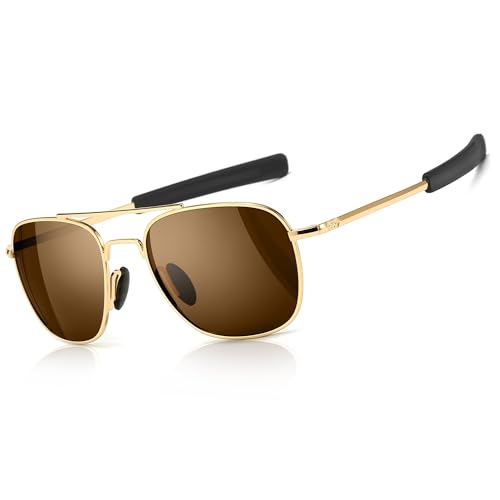 SUNGAIT Gafas de Sol Estilo Militar para Hombre Polarizadas Lentes con Marco de Metal (Marco Dorado/Lente Marrón)