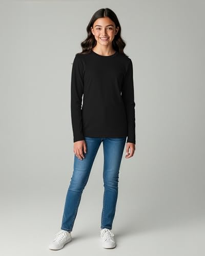 Image of Real Essentials 4 Pack: Girls' Cotton Long Sleeve Crew Neck T-Shirt - Athletic Tee Shirt for Teens Kids Youth (Ages 4-16)