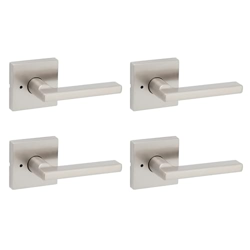 Image of Kwikset Halifax Interior Square Privacy Door Handle with Lock, Door Lever for Bathroom and Bedroom, Satin Nickel Reversible Keyless Push Button Lock Door Lever