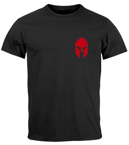 Neverless Herren T-Shirt Logo Print Sparta-Helm Spartaner Gladiator Krieger Warrior Fashion Streetstyle Schwarz-rot XL