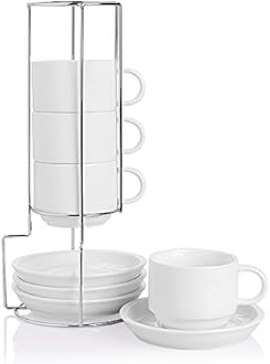 Sweejar Porcelain Cappuccino Cups with Saucers and Metal Stand, 8 Ounce Stackable Espresso Cups for Specialty Coffee Drinks, Latte, Americano, Tea - Set of 4 (White)