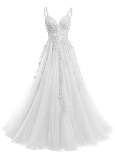 Beyonddress Robe de soirée longue en tulle pailletée - Avec col en V - Pour femme, Blanc., 42