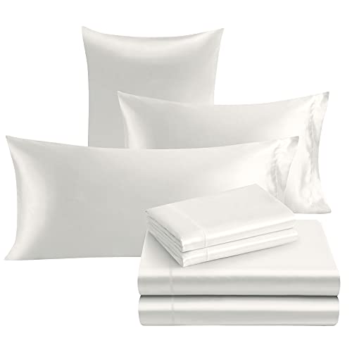 Image of Ersmak 7 Pieces Satin Sheets Set Queen Size, Luxury Silky Ivory White Satin Bed Sheets Set with 1 Deep Pocket Fitted Sheet, 1 Soft Flat Sheet, 4 Queen Pillowcases and 1 Body Pillowcase