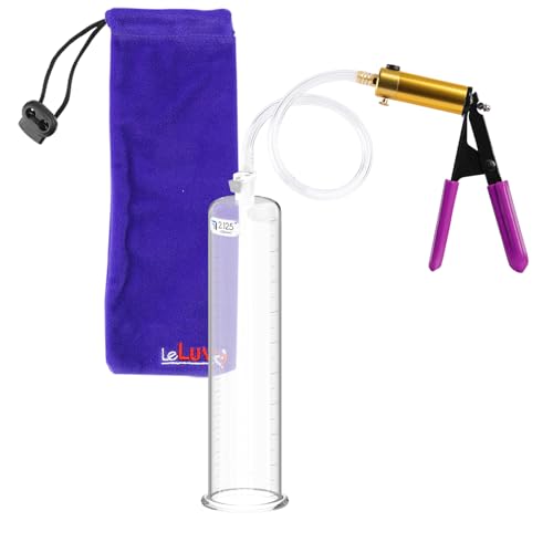 LeLuv Ultima Penis Pump, Brass Handle with Purple Rubber Grips, Clear Hose, 9" x 2.125" Cylinder
