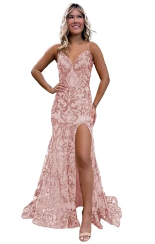 Image of RSOETOO Sparkly Sequin Prom Dresses 2026 with Slit Lace Mermaid Formal Evening Gowns for Women RON058