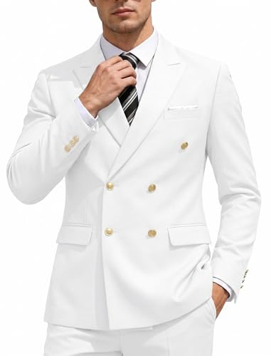 COOFANDY Men's 2 Piece Double Breasted Suits Slim Fit Tuxedo Jacket and Dress Pants Set for Wedding Business Prom White