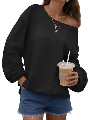 Bellcoco Womens Off the Shoulder Sweatshirt Long Sleeve Pullover Tops Oversized Sweatshirts Trendy Fall Outfits Black M