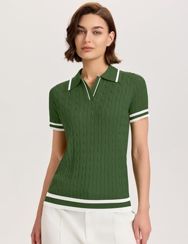 Image of Micoson Womens Short Sleeve Sweater Tops Lapel V Neck Polo Shirts 2026 Summer Cable Knit Loose Blouse Business Casual Outfits