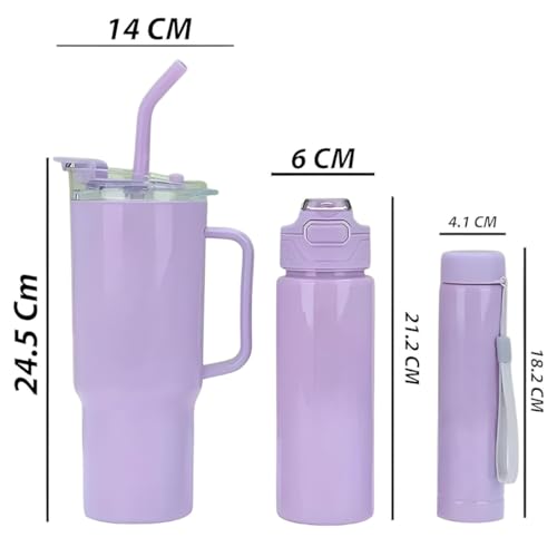 Image of Large Handle Water Bottle with Straw for Desk, Office, Travel - 1200 /900 /300 ML Gradient & Matte Hydration Bottle Set (Lavender)