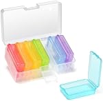 Fullicon Small Pill Organizer for Purse, Travel Medicine Pill Case, Weekly 7 Day Daily Pill Box, Pill Container Holder with Labels (Clear Rainbow)