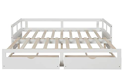 Windaze Extendable Daybed with Trundle and 2 Storage Drawers Full Twin to King Size, Solid Wood Multi-Function Bed with Slats Support, White
