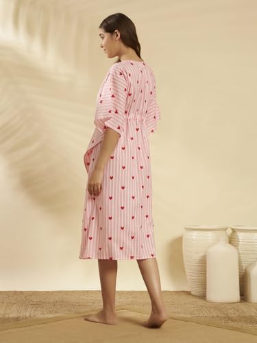 Image of Ravaiyaa Women Printed Cotton V-Neck Knee Length Kaftan Dress Nighty