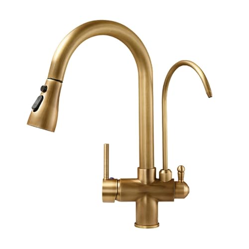 Grifo de cocina de latón antiguo de 3 vías con rociador extraíble, elegante grifo mezclador para una fácil limpieza, duradero y elegante, perfecto para cocinas modernas