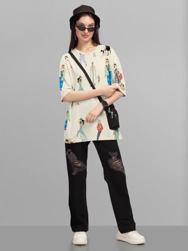 Image of HELLCAT Beige Trendy Printed Oversized T-Shirt for Women