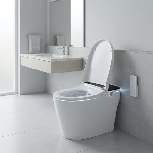 Inodoro inteligente con bidet, activación por sensor de pie, asiento calefactable, agua tibia, secado por aire, lavado femenino, luz nocturna LED, contenedor de agua para baja presión, cubierta blanca con luz LED negra miniatura 5