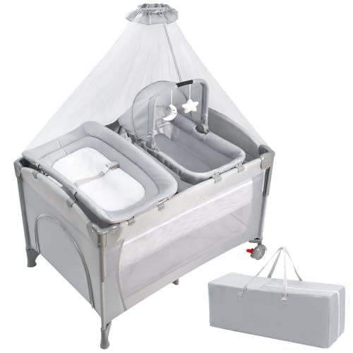ベビーベッド 添い寝折りたたみ おむつ交換台 蚊帳付き 揺りかごプレイヤード マットレス付き キャスター ベビーサークルクーファン 赤ちゃんベッド クーファン 通気 長く使える 誕生日 贈り物 新生児ベッド 出産祝い JP888 (グレー)
