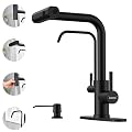 DAYONE Matte Black Waterfall Kitchen Faucet with Drinking Water Faucet and Soap Dispenser, 3 in 1 Sink Tap with Purfied Water, 4 Holes, (Without Water Filtration Device)