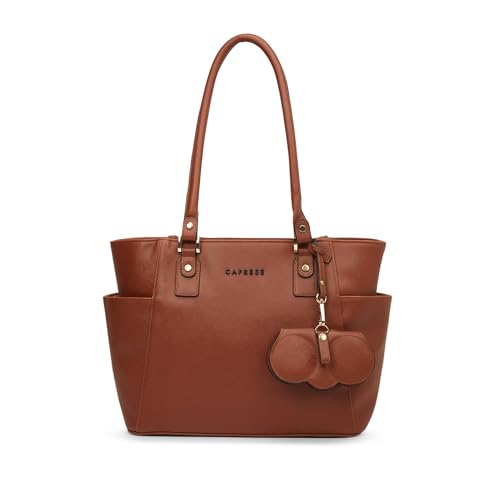 Image of Caprese Lexi Medium Tote Bag for Women | Solid Faux Leather Shoulder Handbag with Zipper Closure | External Eyewear /Sunglass Charm Case | Stylish Bag for Office & Everyday Use
