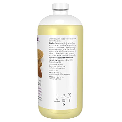 Now Solutions, Sweet Almond Oil, 100% Pure Moisturizing Oil, Promotes Healthy-Looking Skin, Unscented Oil, 32-Ounce #TOP1