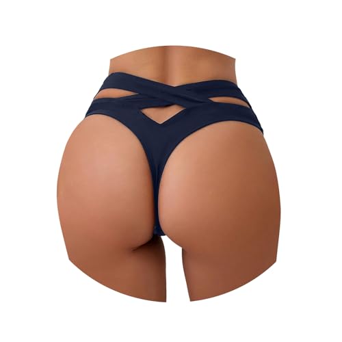 Damen Tanga Bikinihose Brazilian Style Muster String Bikini Hotpants High Waist Sexy Bauchweg Tanga Bikini Slip Strandbikinis(Marine, M)