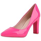 VAN HILL Damen Spitze Pumps Blockabsatz High Heels Party Schuhe Elegante Abendschuhe Lack Absatzschuhe 211159 Fuchsia Lack 40