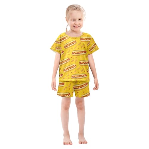 ALAZA Hotdog Yellow Pajamas Set Short Sleeve Cotton Sleepwear Summer Pjs 2 Piece 5-14Y3