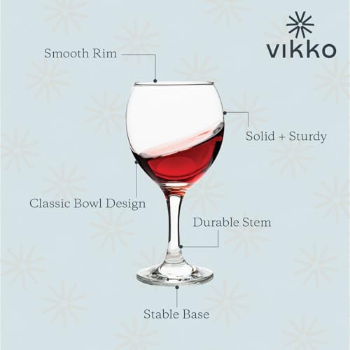 Vikko Small Wine Glasses, 8.75 Ounce Wine Glass, Set of 6 Stemmed Wine Glasses for Red and White Wine, Thick and Durable Wine Glasses, Clear Glasses for Wine