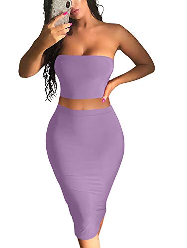 YMDUCH Women's Sexy Summer Crop Tube Top 2 Pieces Set Bodycon Midi Club Dress Purple