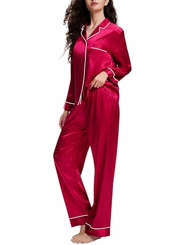 Image of Lonxu Silk Satin Womens Pajama Sets Button Down Sleepwear Loungewear XS~3XL